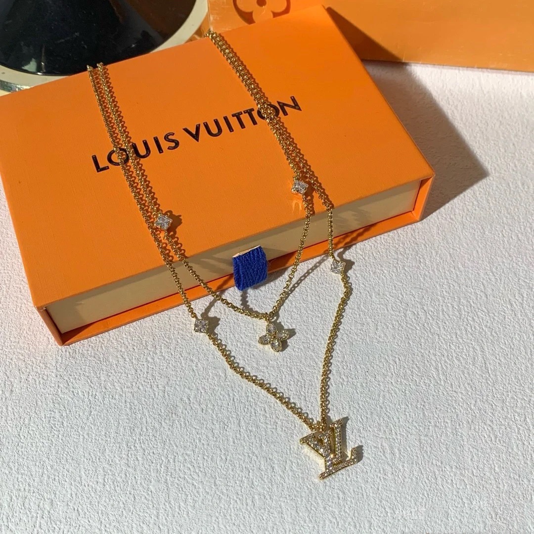 Louis Vuitton 2 Layers Diamond LV Monogram Pendant Necklace - Original Replica Club