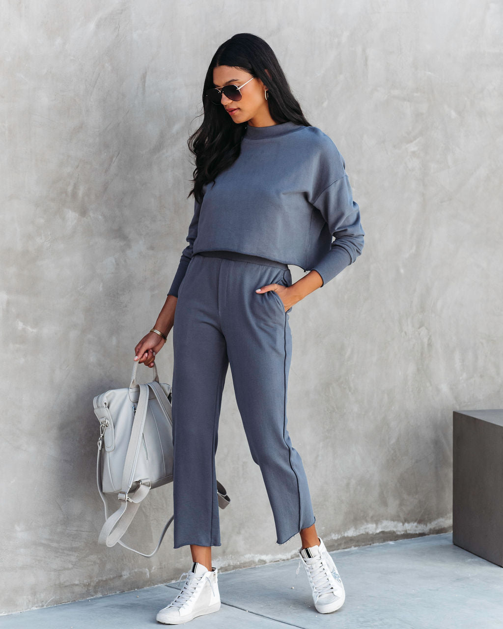 Airport Glam Cotton Mock Neck Long Sleeve Top - Grey Blue - Se7enfashion
