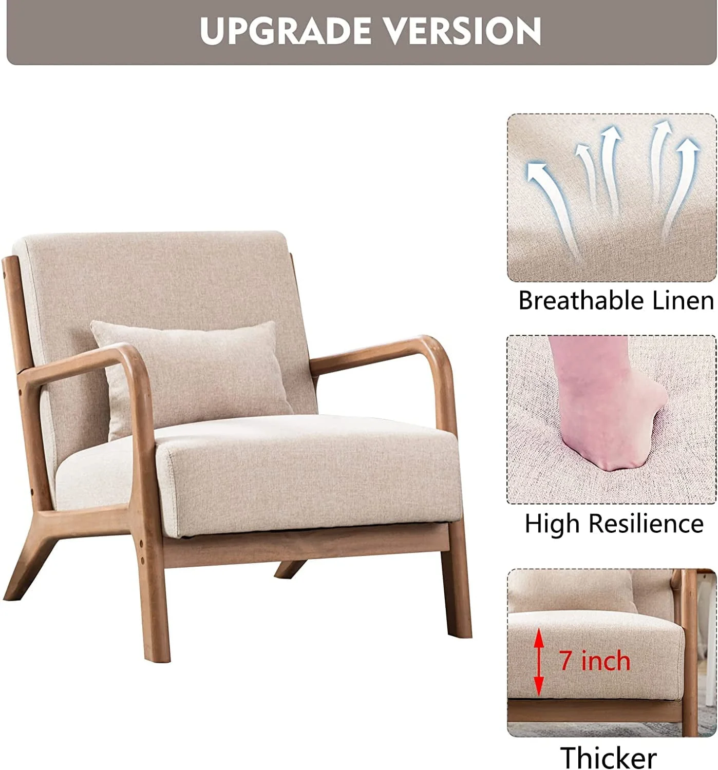 Bonzy Home Mid Century Modern Accent Chair, Single Fabric Lounge Reading Armchair with Solid Wood Frame, Easy Assembly Arm Chairs for Living Room, Beige - Image 2