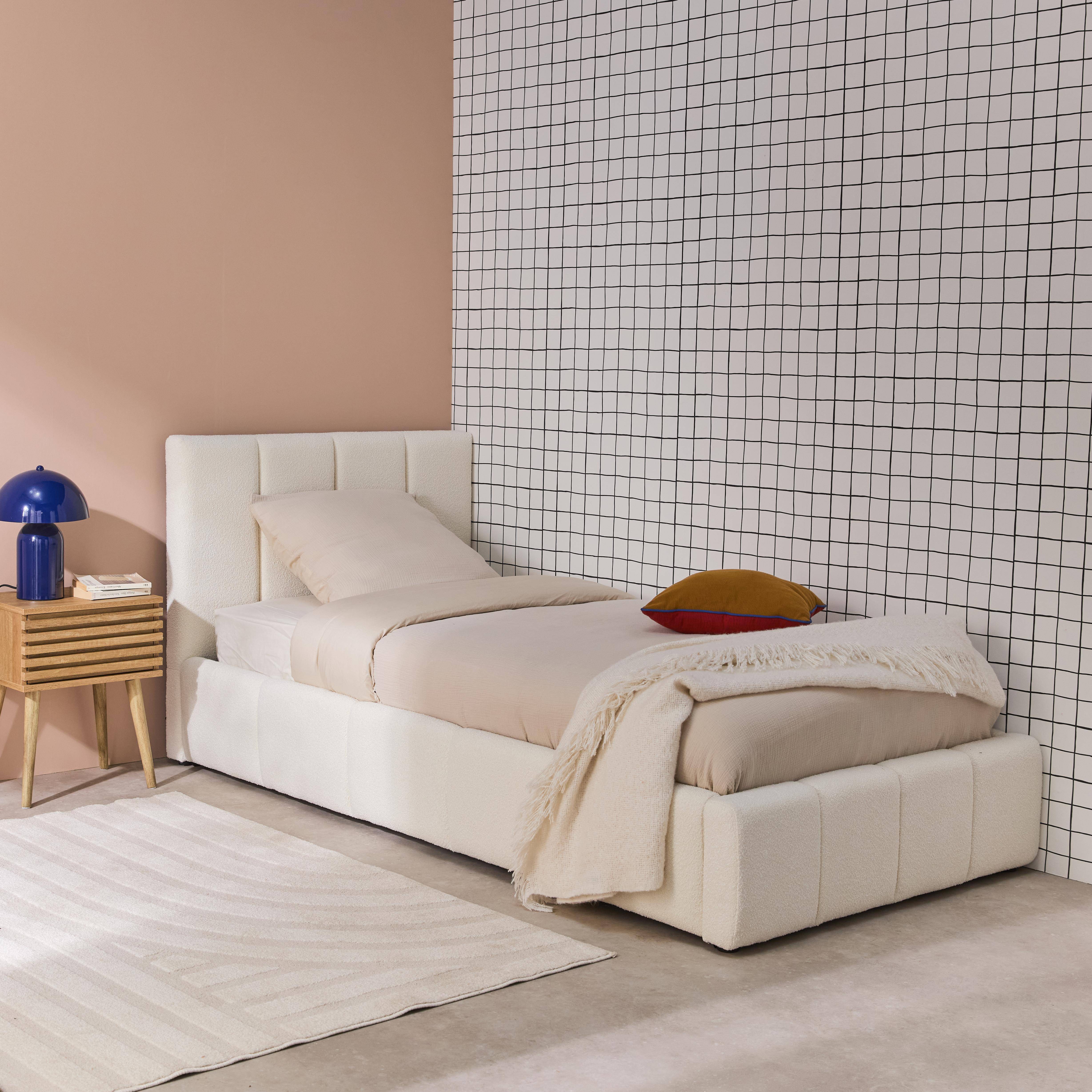 Lex - Cama baúl con somier de láminas y cabecera 90x190cm, acabado en borreguito
