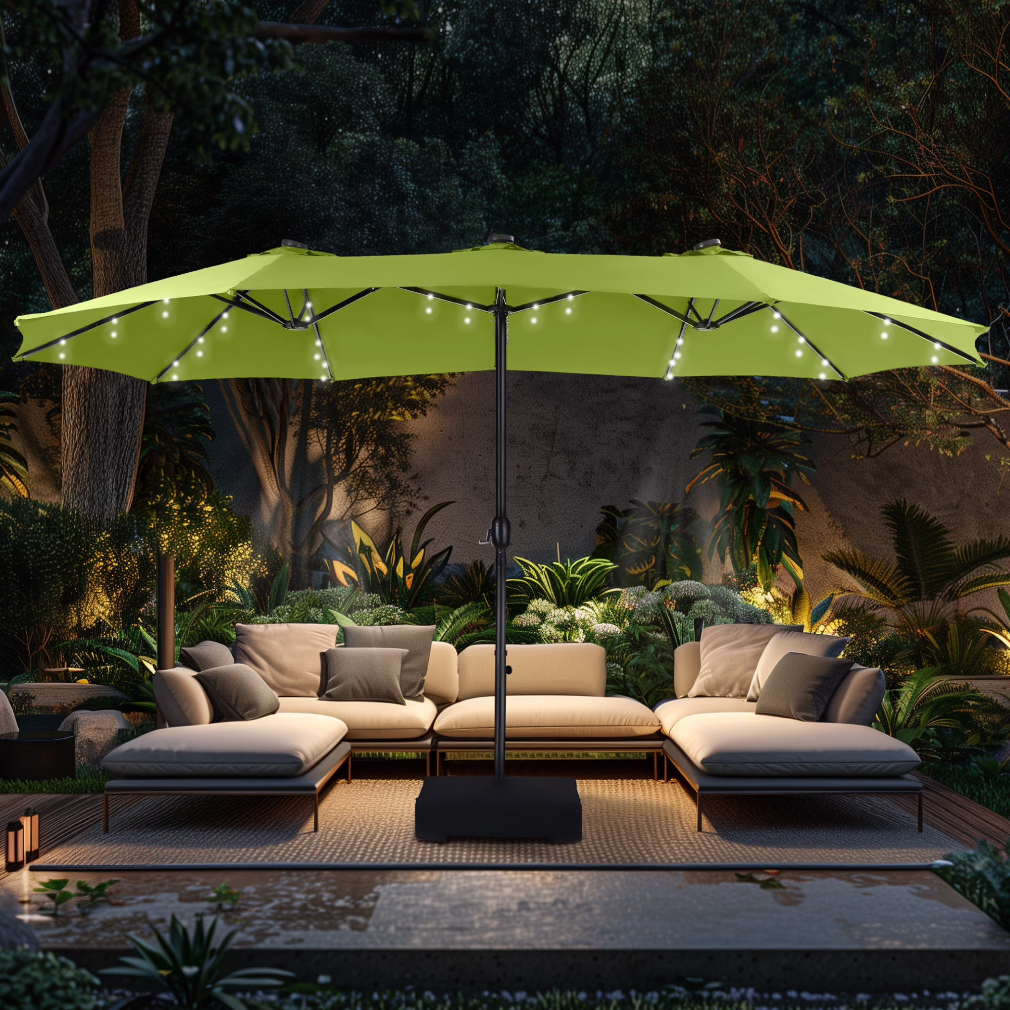 Alpha Joy 15ft Extra Large Outdoor Patio Double-Sided Umbrella with LED Solar Lights & Umbrella Base, Beige - Image 3