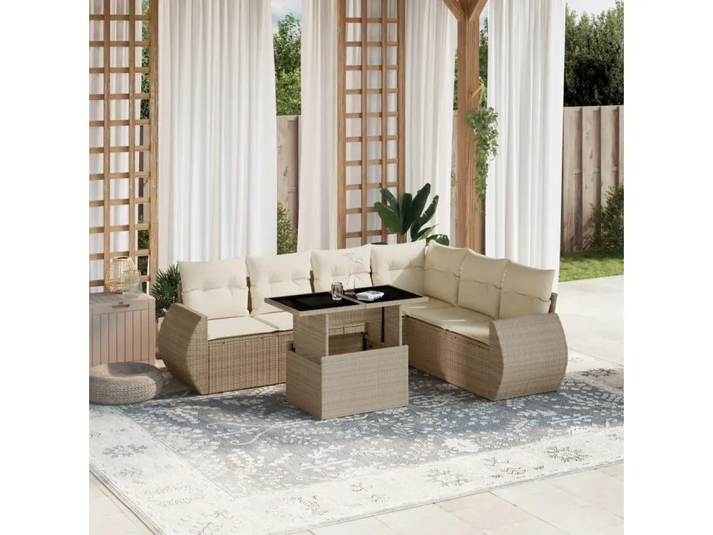 Set sofás de jardín 7 piezas y cojines ratán sintético beige krci37708