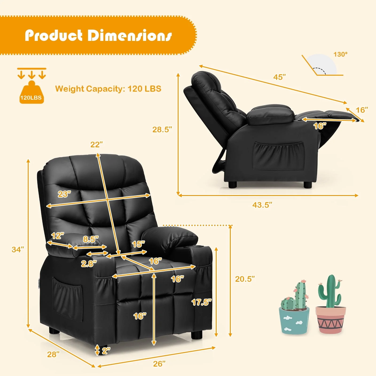 Infans Kids Youth Recliner Chair PU Leather w/Cup Holders & Side Pockets Black - Image 7