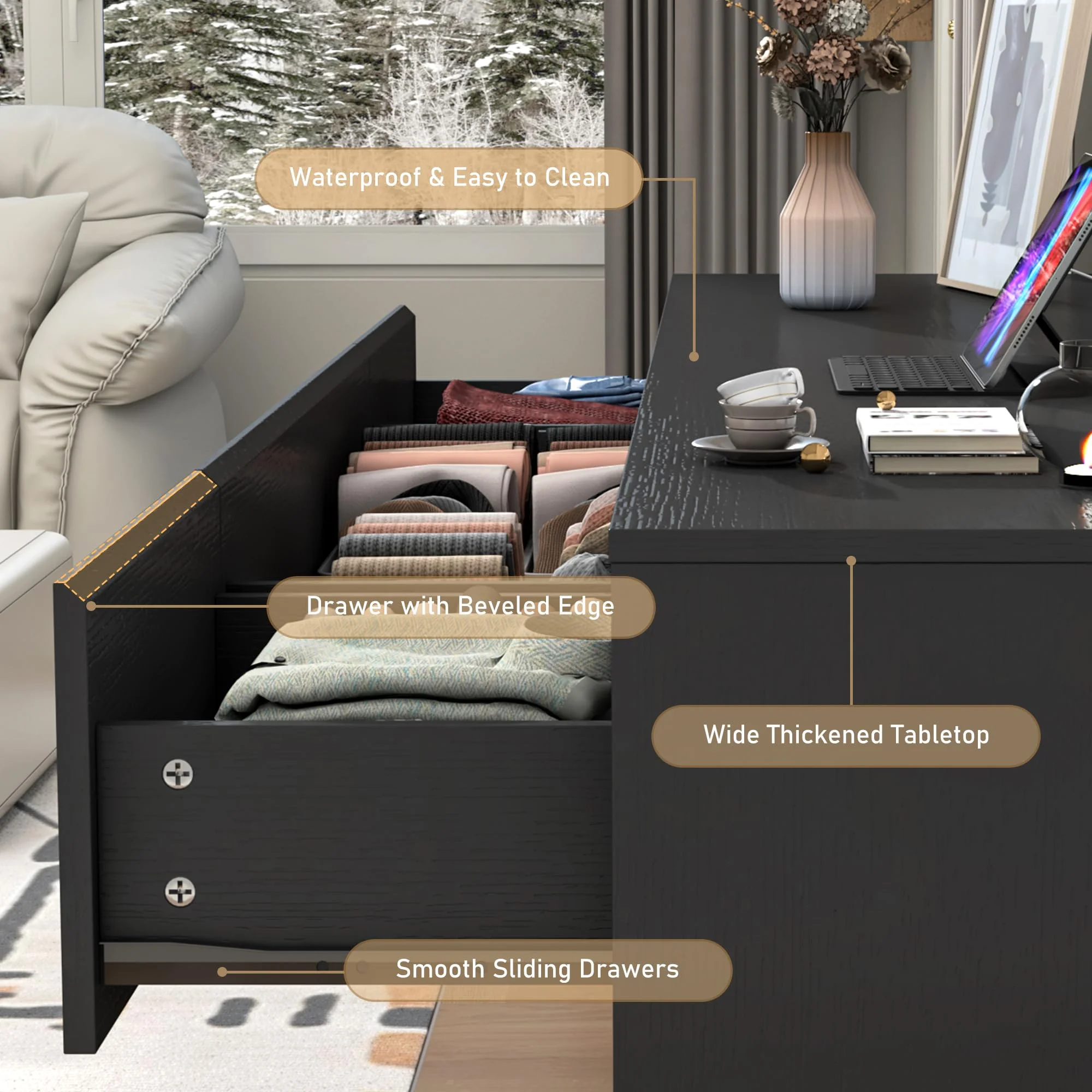 ChVans Black 9 Drawers Dresser with Charging Station, 63" Long Modern Dresser with 9 Drawers for Bedroom, Large Wood Chest of Drawers Handle Free, Dresser for Bedroom, Living Room, Hallway - Image 9