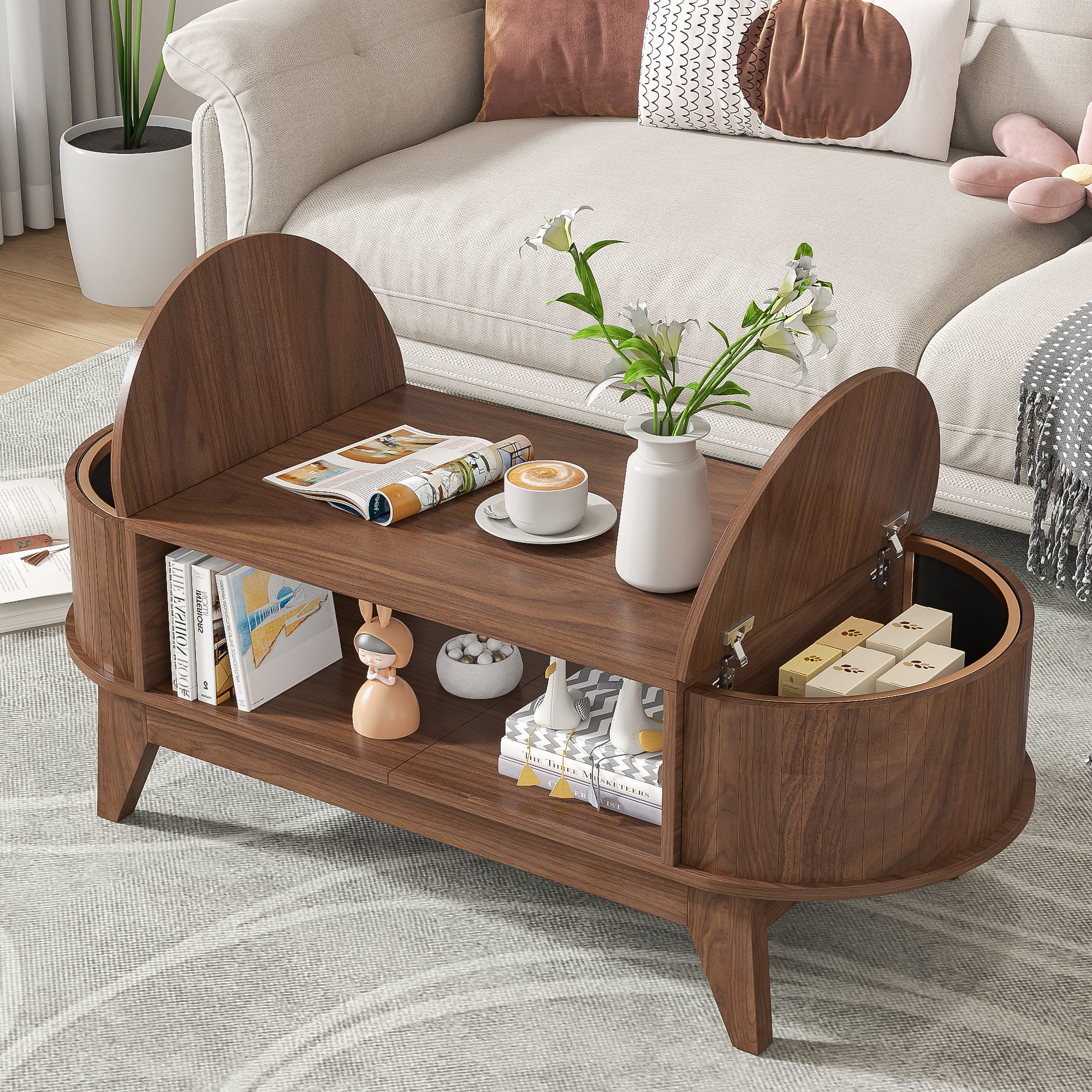Fluted Coffee Table with Storage, Modern Coffee Tables, Wood Accent Center Table - Image 21