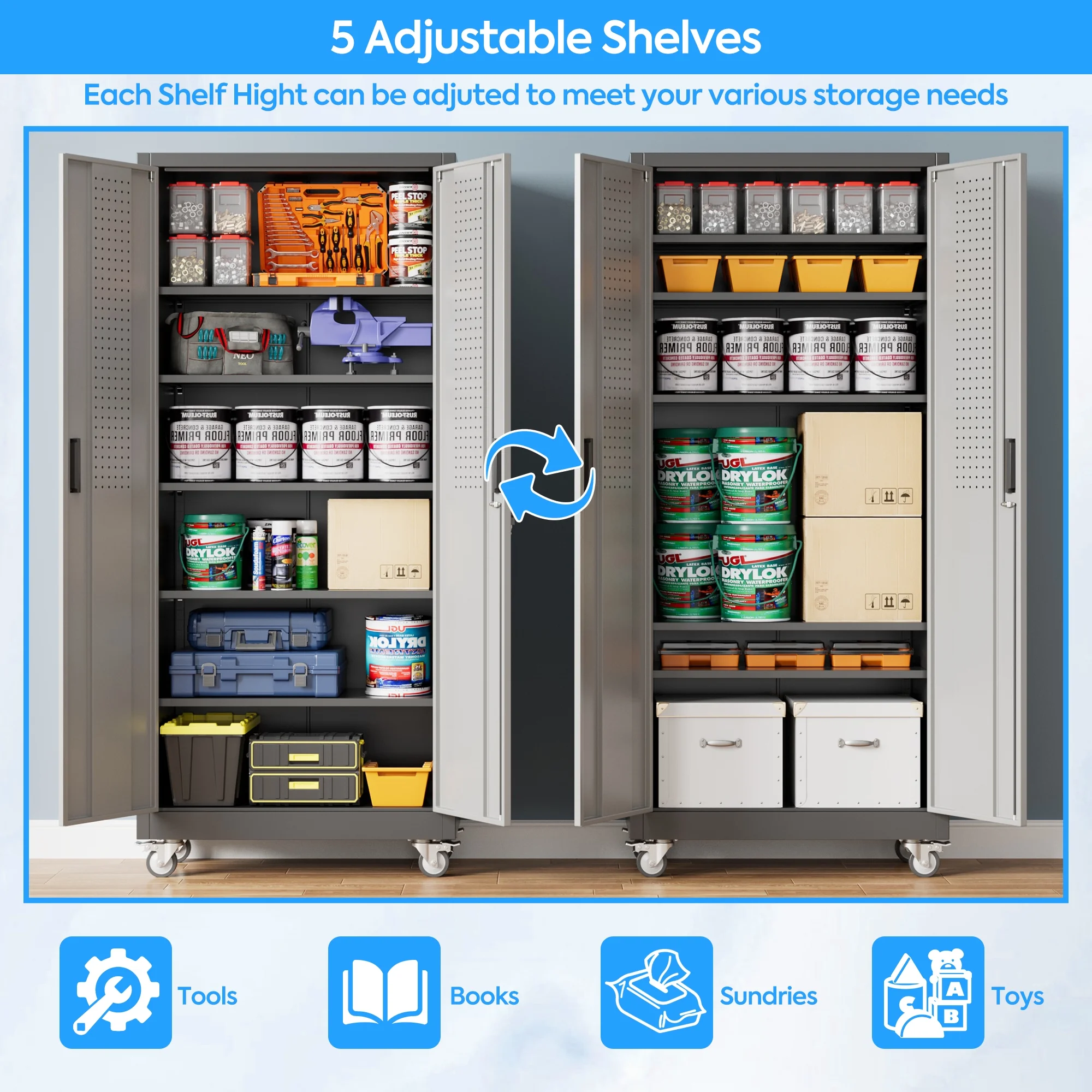 SUPEER Metal Rolling Storage Cabinets with Locking Doors and 5 Adjustable Shelves, Steel Garage Storage Cabinet for Garage, Office, Classroom, Assemble Required(Black) - Image 14