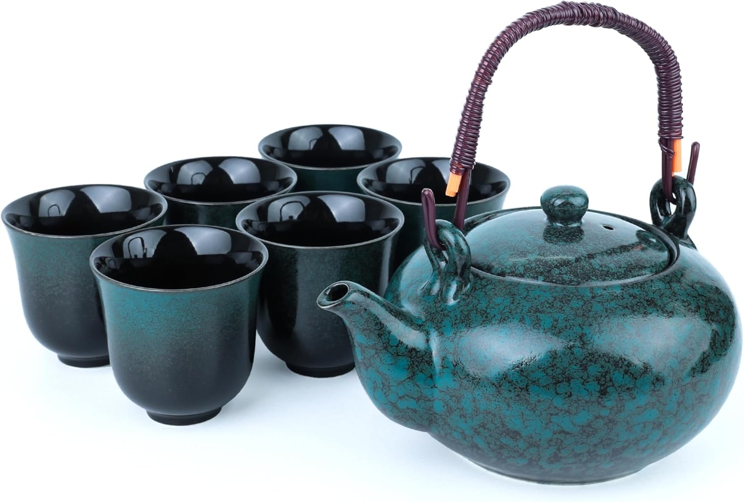 Japanese Tea Set, Japanese Style Porcelain Tea Sets for Adult, 1 Ceramic Tea Pot with Handle & 1 Stainless Steel Tea Filter & 6 Tea Cups (Fambe Blue)