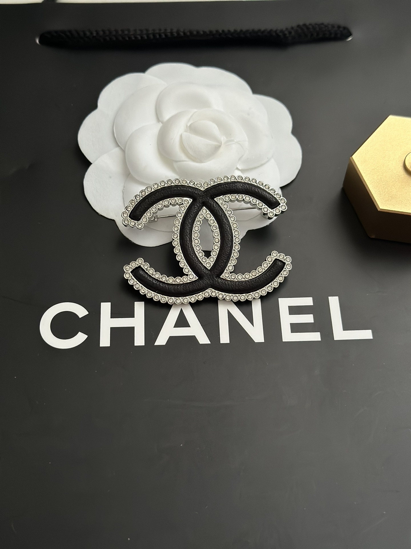 Chanel Paved Diamond Black Leather CC Brooch - Original Replica Club
