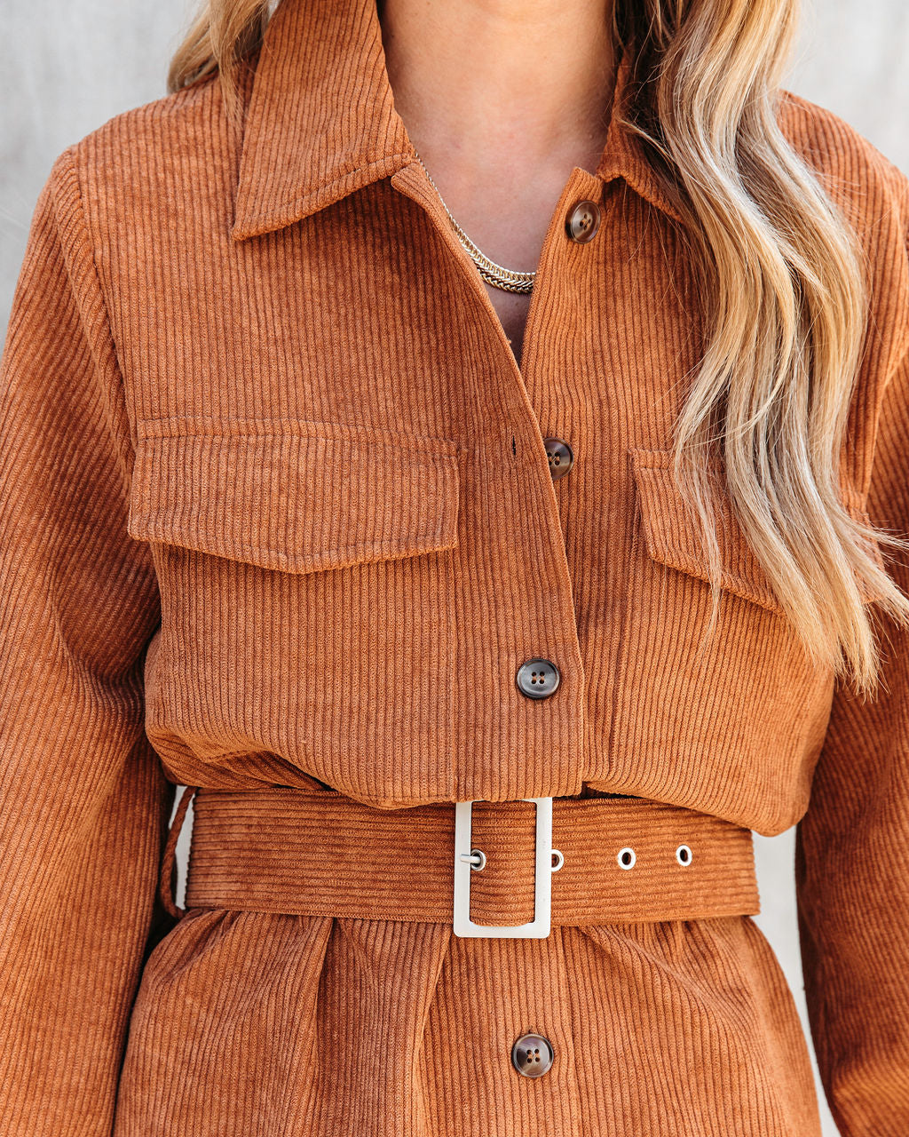 Charlene Corduroy Belted Button Down Shirt Dress - Camel - Se7enfashion