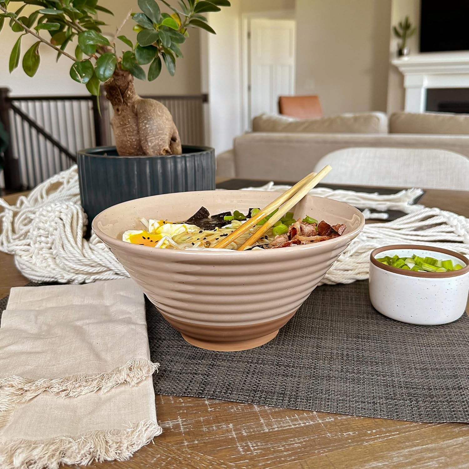 MORA Ceramic Ramen Bowl Set of 2, 45oz - Great for Pho, Miso Udon Soup, Instant Noodles, Serving, Thai or Asian Food - Microwave Safe Large Japanese Noodle Bowls, Modern Kitchen - Assorted Neutrals