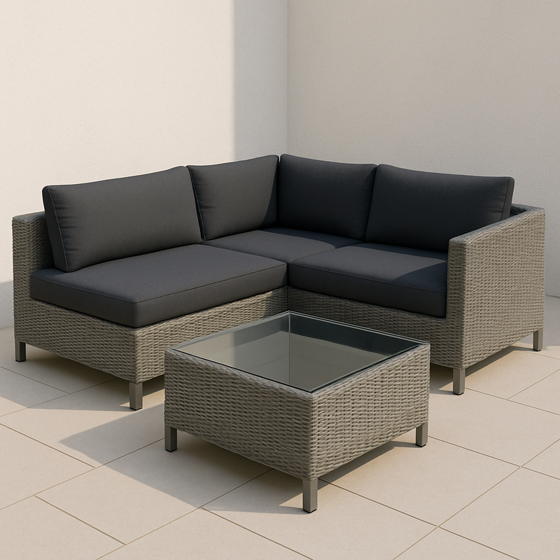 Sofá de Esquina de Ratán para Exterior con Mesa de Vidrio Gris
