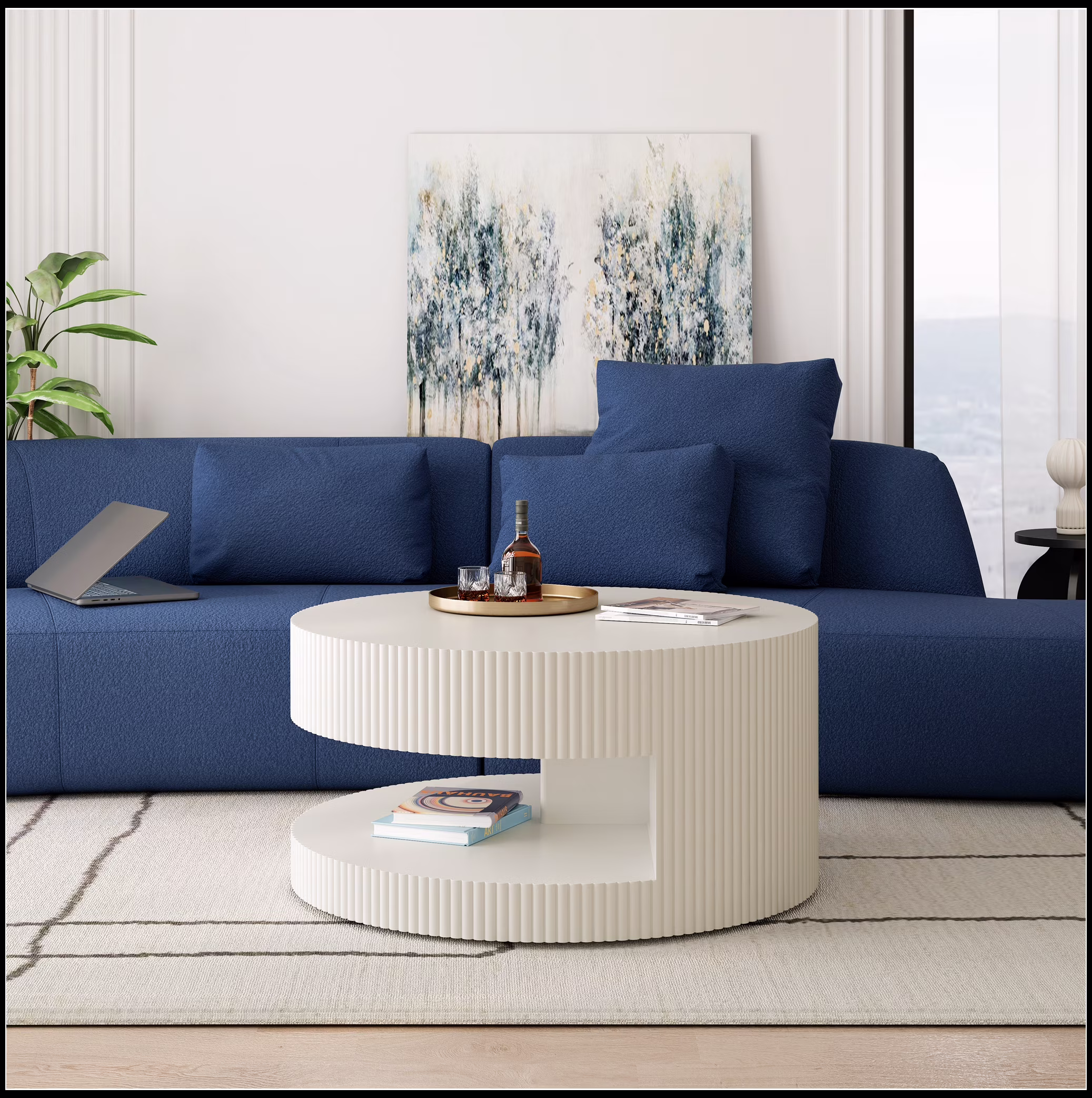 31.5'' Round Coffee Table,Modern Center Table with Storage,Vertical Stripe Design Coffee Table - Image 2