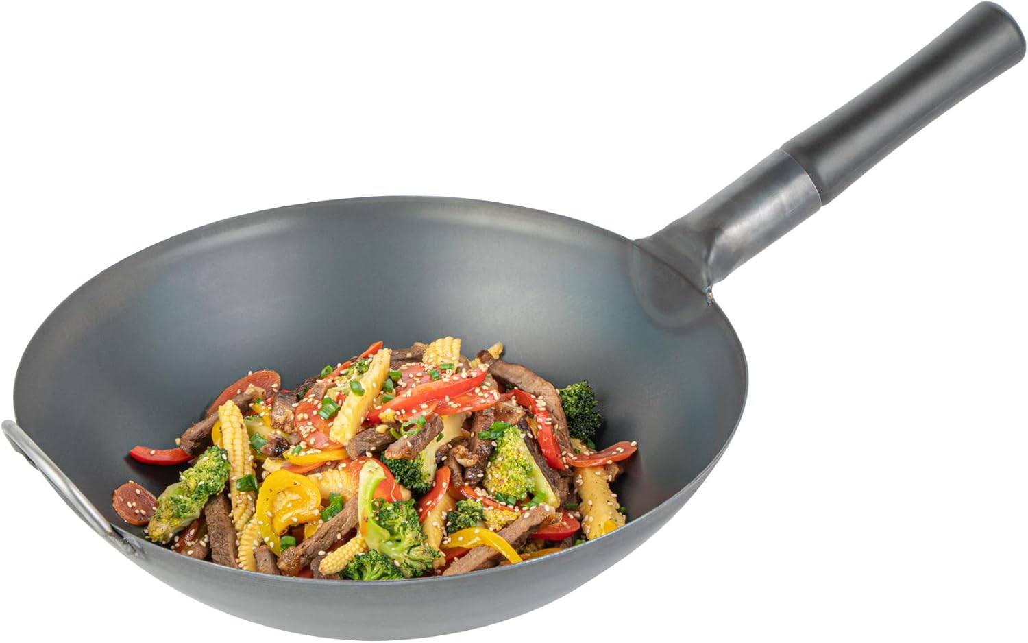 Restaurantware Carbon Steel Wok 1 Pack of 13.3 Inch Heavy-Duty Uniform Heat Distribution Pan Induction Compatible Flat Bottom Wok Welded Handle Black For Gas Stovetops And Grills