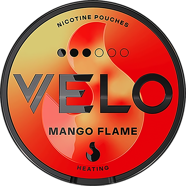 VELO Mango Flame 10mg nicotine pouches — Slim Moist can with 20 strong mango-spice pouches