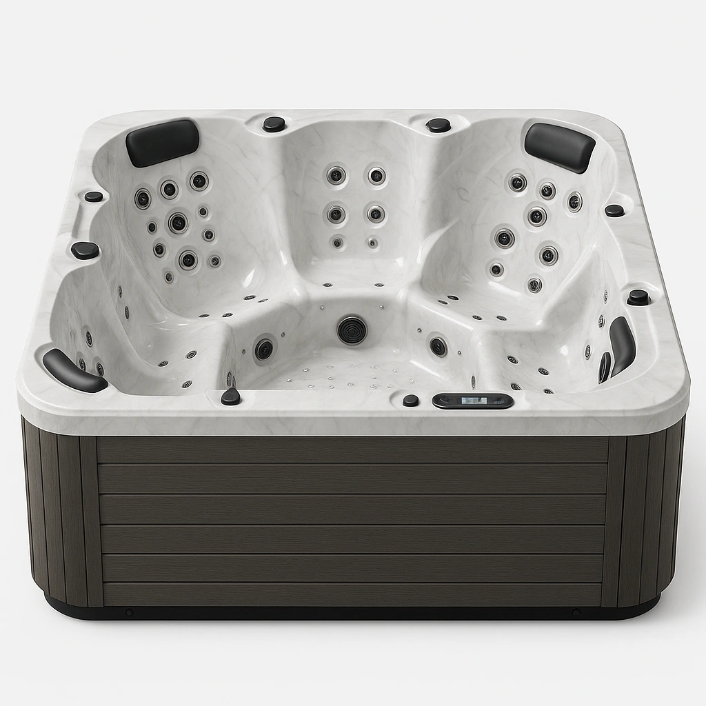 Spa de hidromasaje cuadrado blanco mármol con estructura de madera oscura para exterior 220x220x95 cm