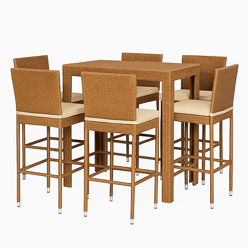 Bar de jardín, conjunto de exterior, incluye una mesa alta y 6 sillas, marrón claro