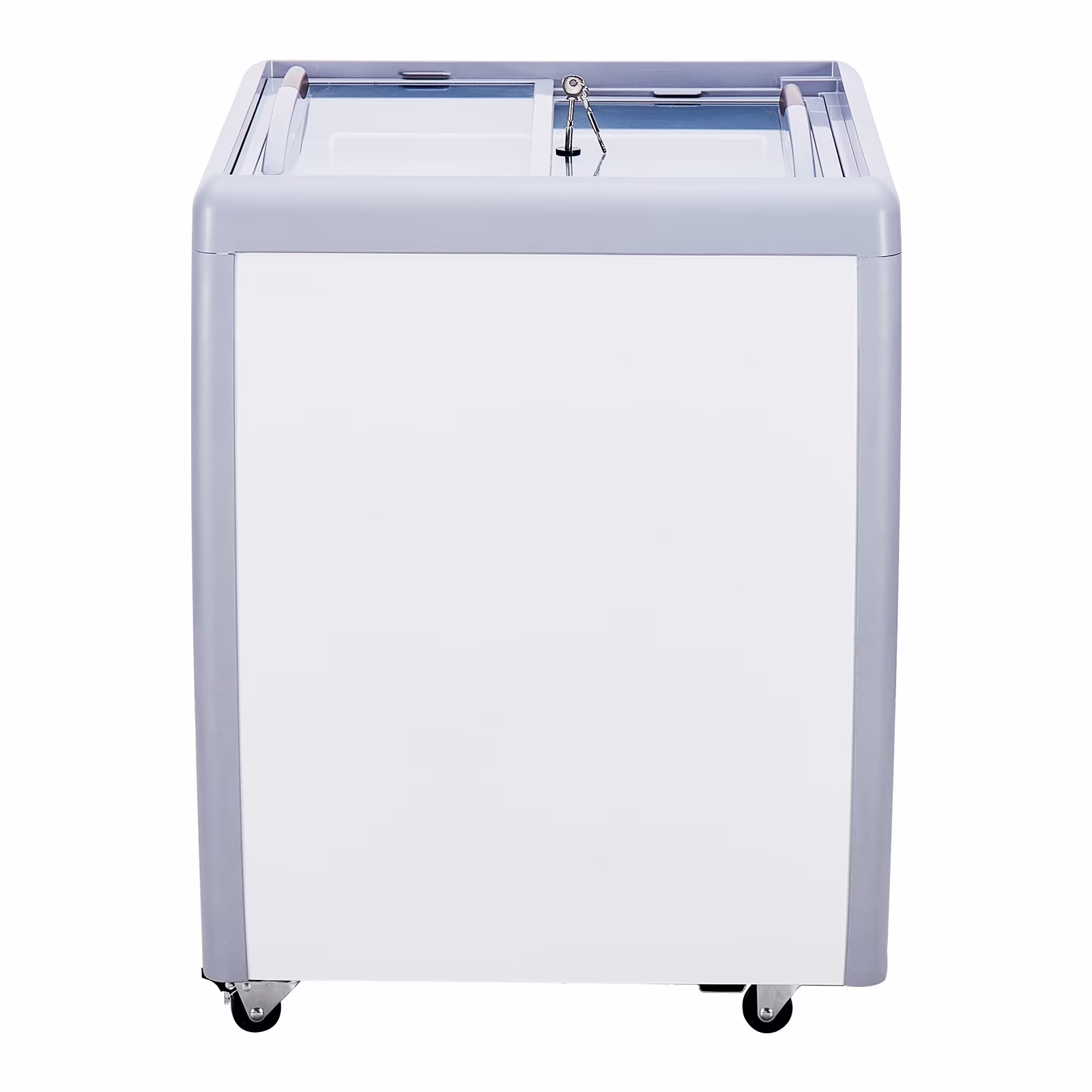 KFFKFF Ice Cream Showcase, 5.6 Cu.ft Freezer with Glass Lid, Portable Gelato Cabinet with 4 Tubs, Dual Sliding Doors Wheels, Lock Feature, for Shops, White