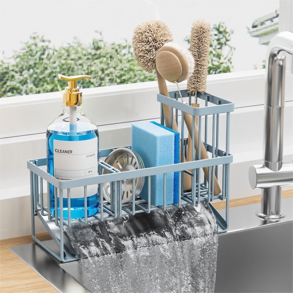 Cisily Sink Caddy Organzier with High Brush Holder, Sponge Holder for Sink, 304 Rustproof Stainless, Kitchen Countertop Soap Dispenser Organizer, Dark Gray Kitchen Decor and Accessories