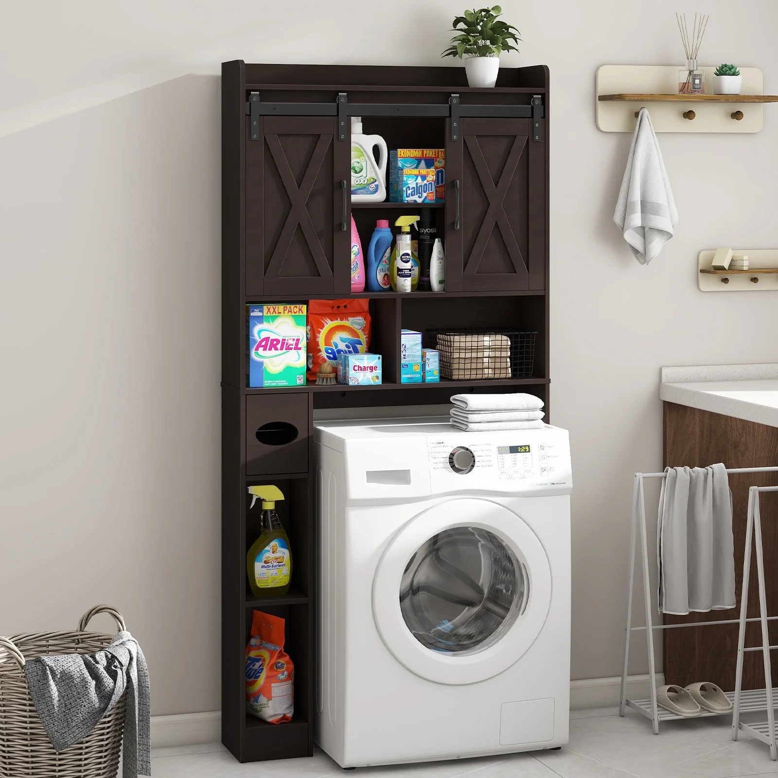 Over The Toilet Storage Cabinet, Farmhouse Storage Cabinet Over Toilet with Sliding Doors-Home Space-Saving Toilet Rack, for Bathroom, Restroom, Laundry - Image 21