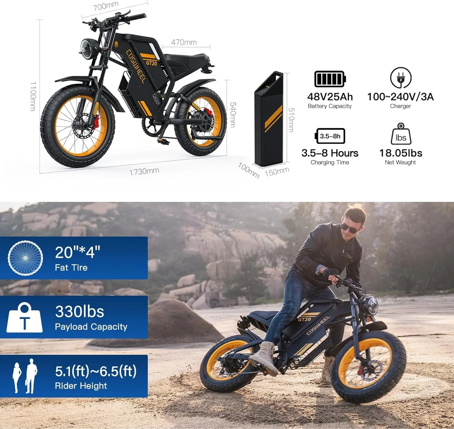 COSWHEEL GT20 Electric Dirt Bike, 1500W Motor, 48V/25Ah Removable Battery, 20in x 4.0in Fat Tires - GT20 - Image 5 COSWHEEL GT20 Electric Dirt Bike, 1500W Motor, 48V/25Ah Removable Battery, 20in x 4.0in Fat Tires - GT20 - Image 5