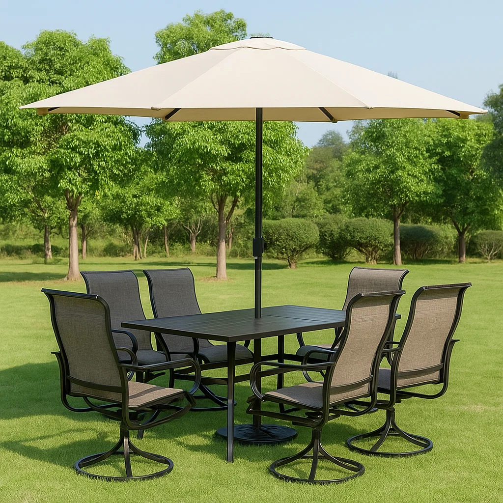 Conjunto de comedor de terraza,mesa rectangular con 6 sillas y sombrilla,negro,acero,adecuado para jardín