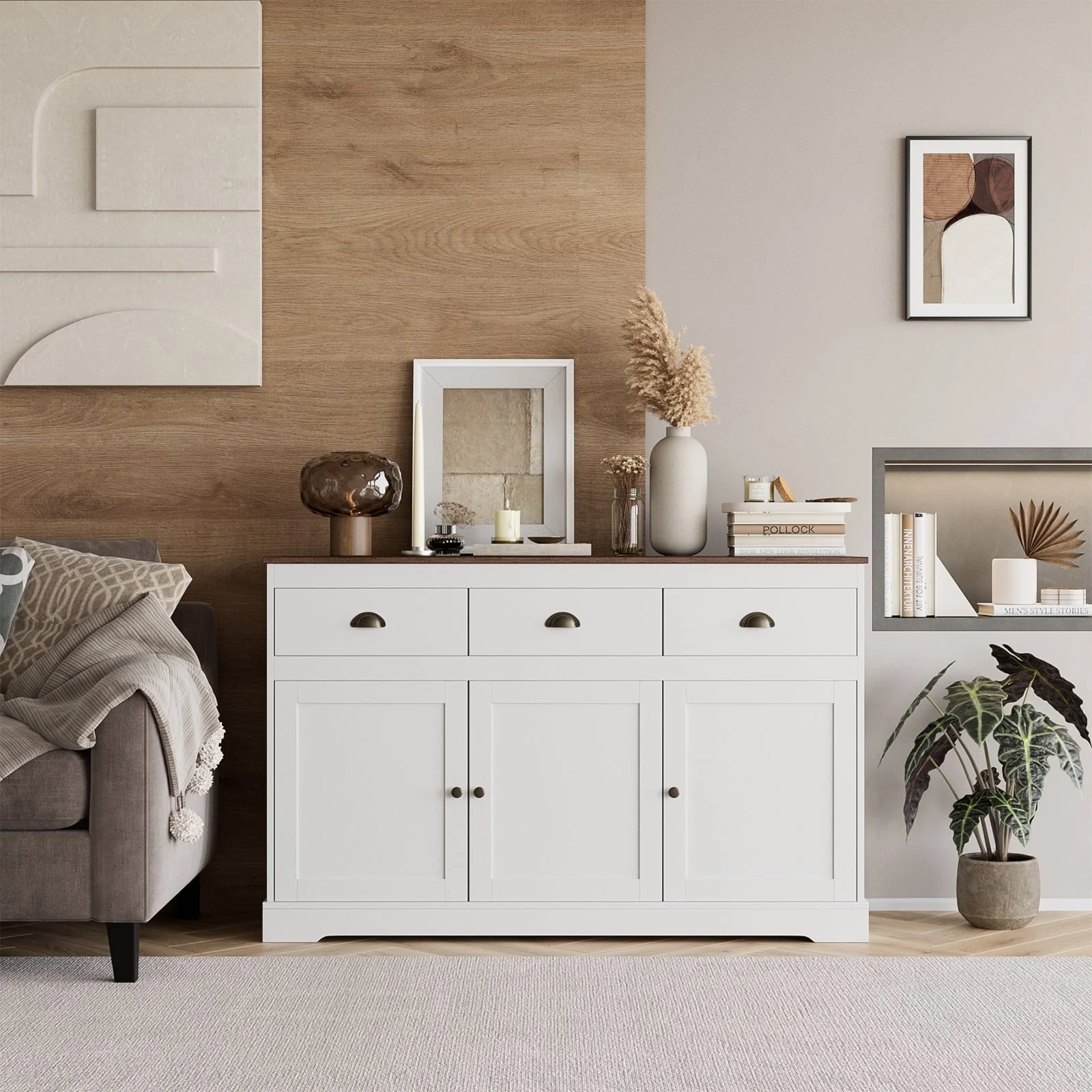 Homfa Sideboard Storage Cabinet with 3 Drawers & 3 Doors, 53.54'' Wide Buffet Cabinet for Dining Room, White - Image 8