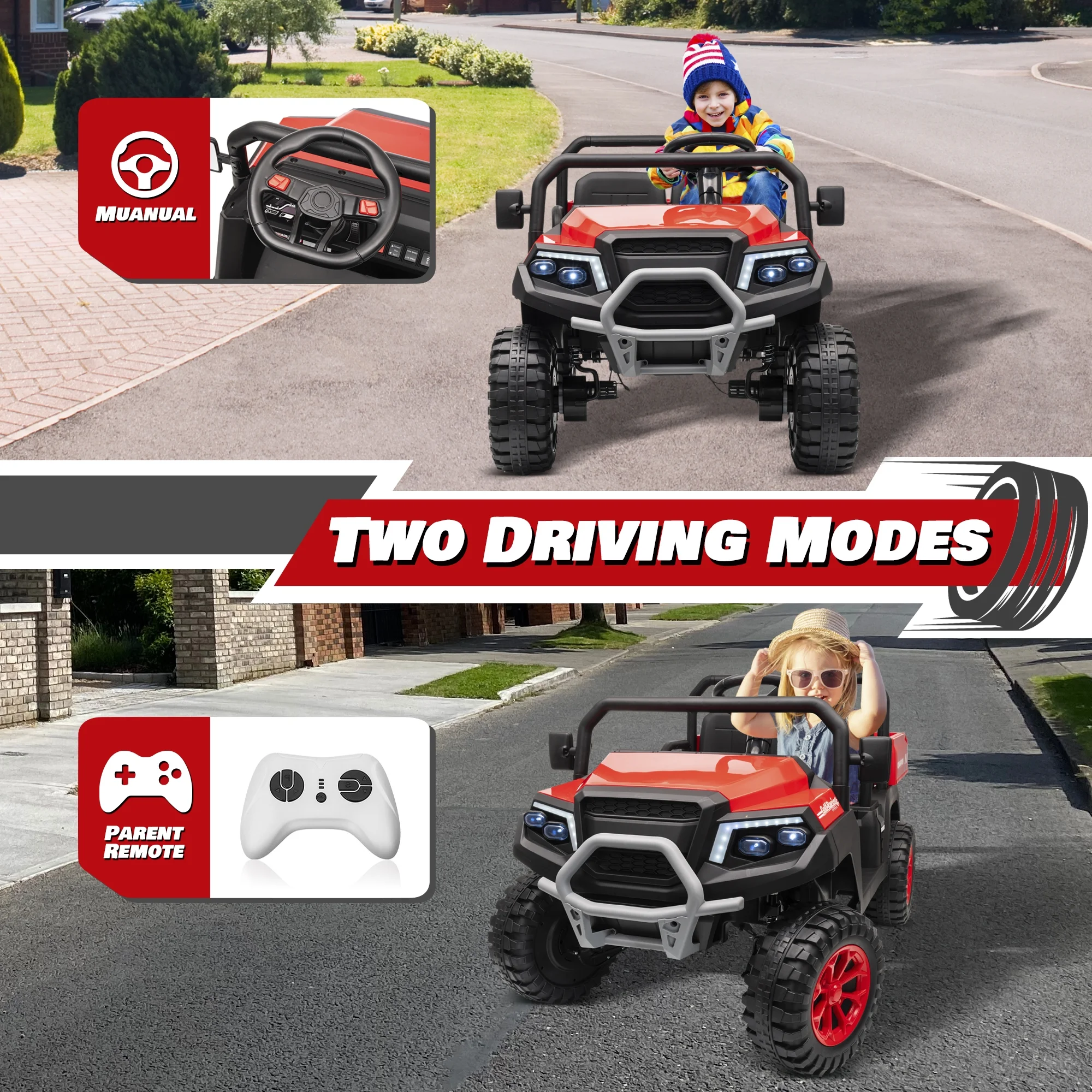 Joyracer 4WD 24 Volt Ride on Toys UTV with 2 Seater & Remote Control, Kids Electric Golf Cart w/ 4x200W Power Motors, Tiltable Trailer & Shovel, 4 Wheels Spring Suspension, Bluetooth USB Music, Black - Image 32