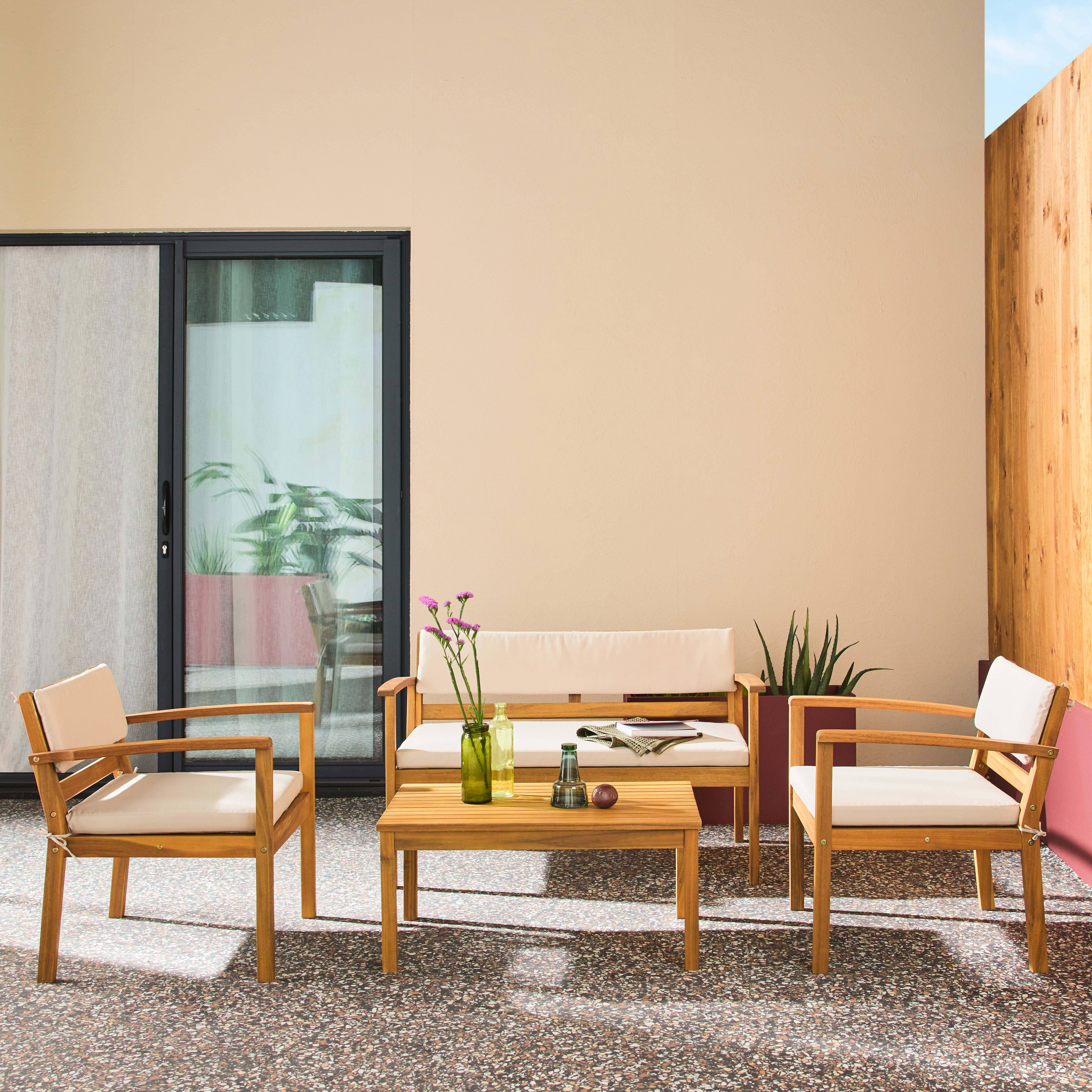 Komoda - Conjunto de jardín de madera de acacia, 4 plazas