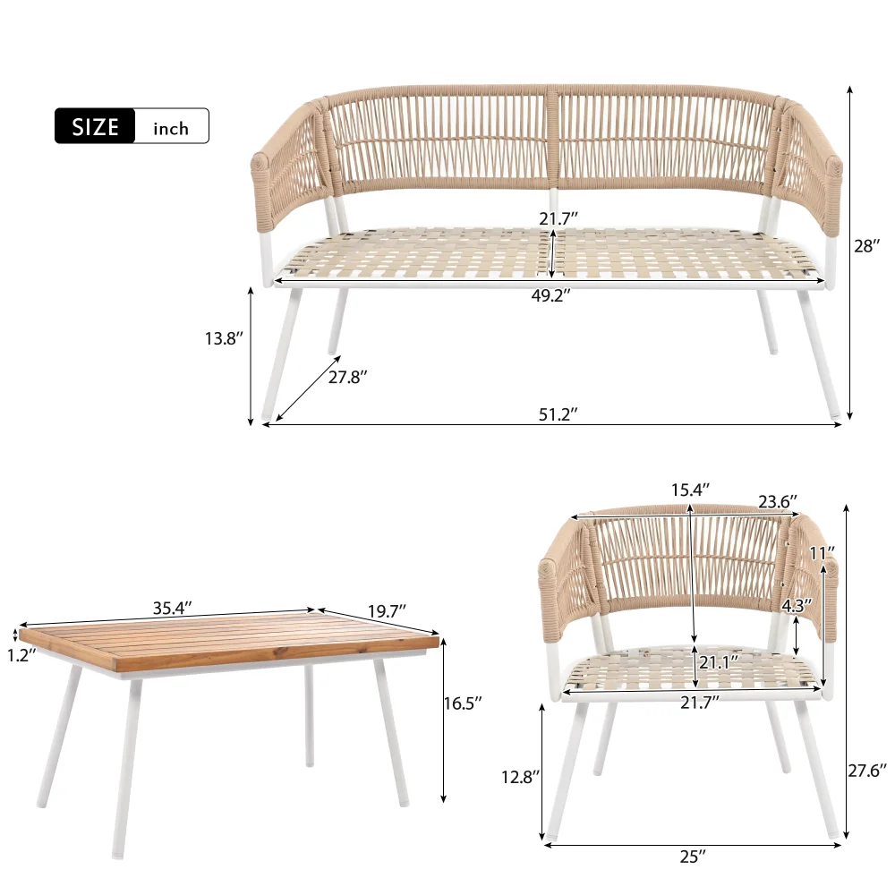 4-Piece Rope Patio Furniture Set with Ajustable Feet, Boho Rope Outdoor Conversation Set with Wood Table, Sofa Seating Set with Thick Cushion for Backyard Lawn Garden, Beige - Image 8