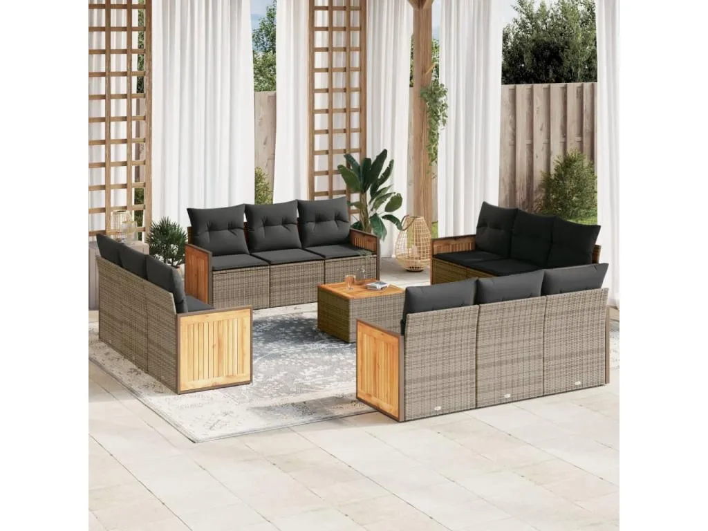 Set sofás de jardín con cojines 13 piezas ratán sintético gris