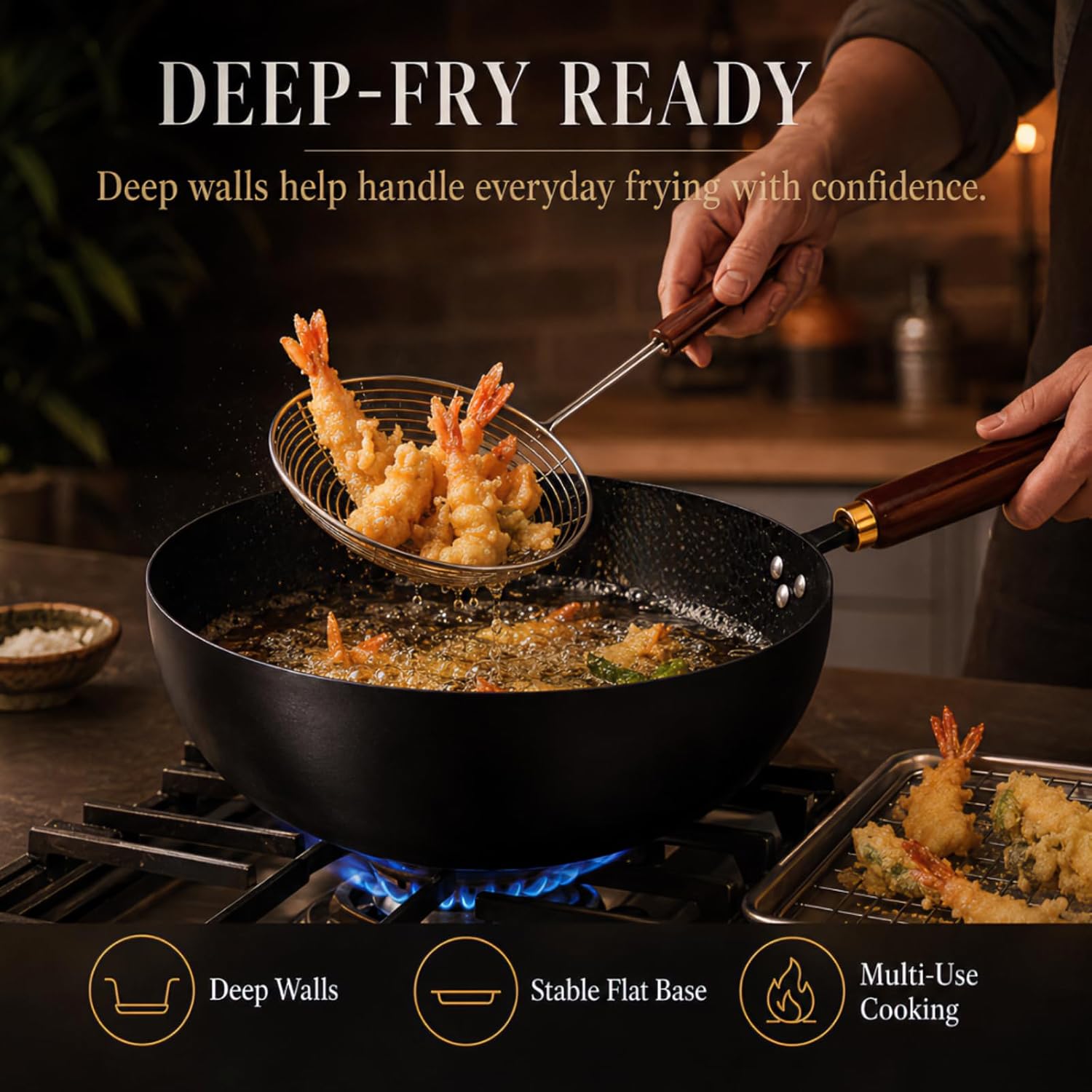 Calmabode Carbon Steel Wok with Lid, 10 Inch Hand Hammered Deep Flat Bottom Wok Pan, Pre-Seasoned Nitrided Stir Fry Pan, Detachable Handle, Oven Safe, All Stovetops, Induction Compatible