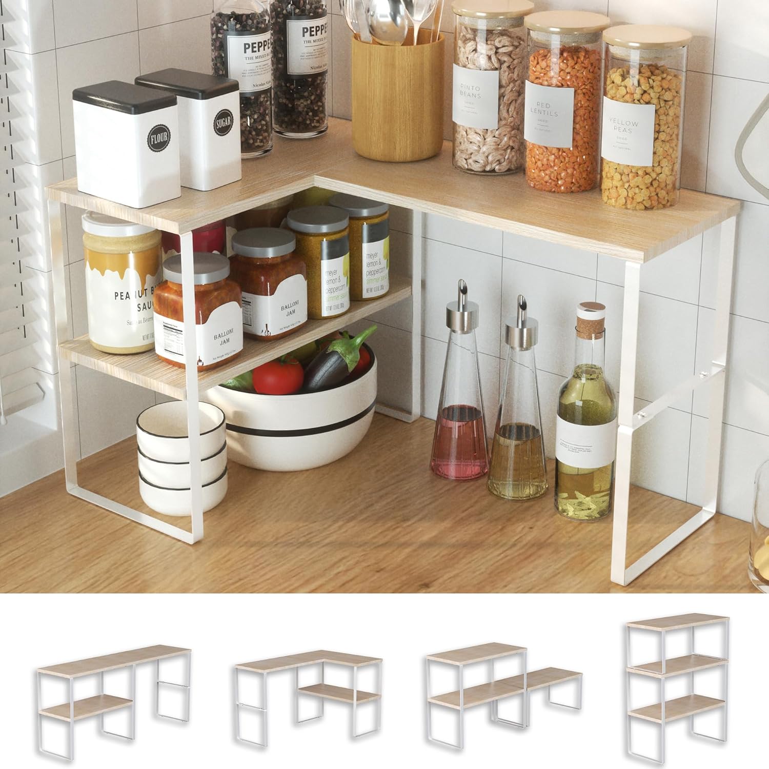 Golener Countertop Organizer Corner Shelf, 2-Tier Adjustable Stackable Corner Shelves for Kitchen, Spice Rack, Coffee Area, Over Sink, Bathroom, Dresser Table, Corner Counter Shelf Stand, Bamboo