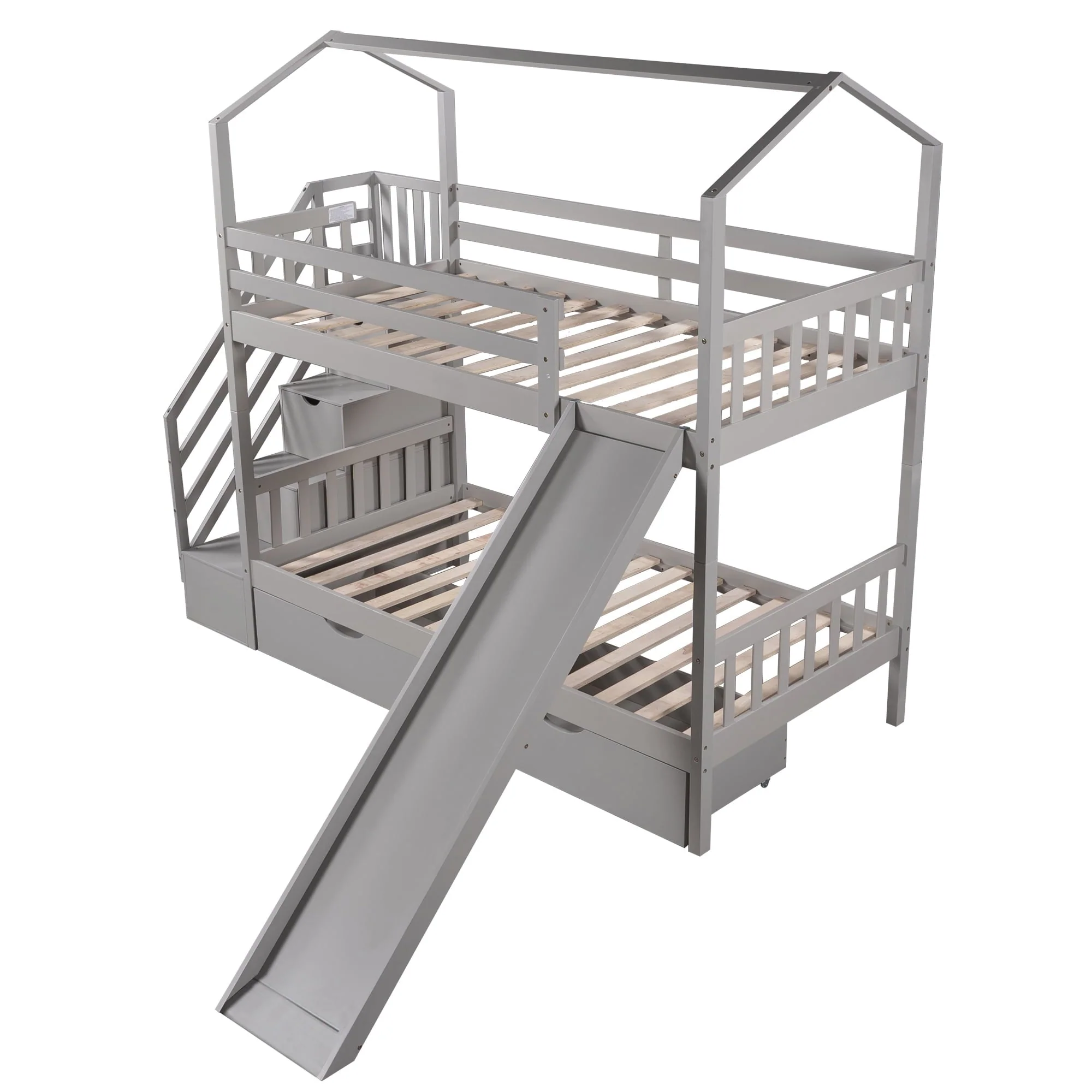 Bellemave Twin Over Twin House Bunk Bed with Slide and Stairs,Wooden Bunk Bed with Storage Drawers,Playhouse Bed for Kids,Teens(Gray) - Image 3