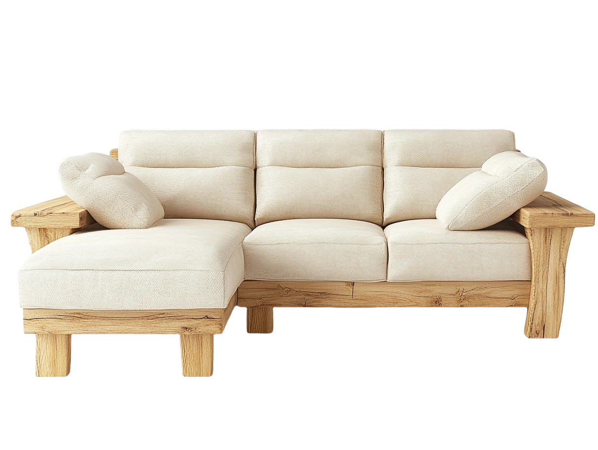 Sofá de esquina de madera clara con cojines crema 180x100x80 cm ideal para salón moderno tr0229836