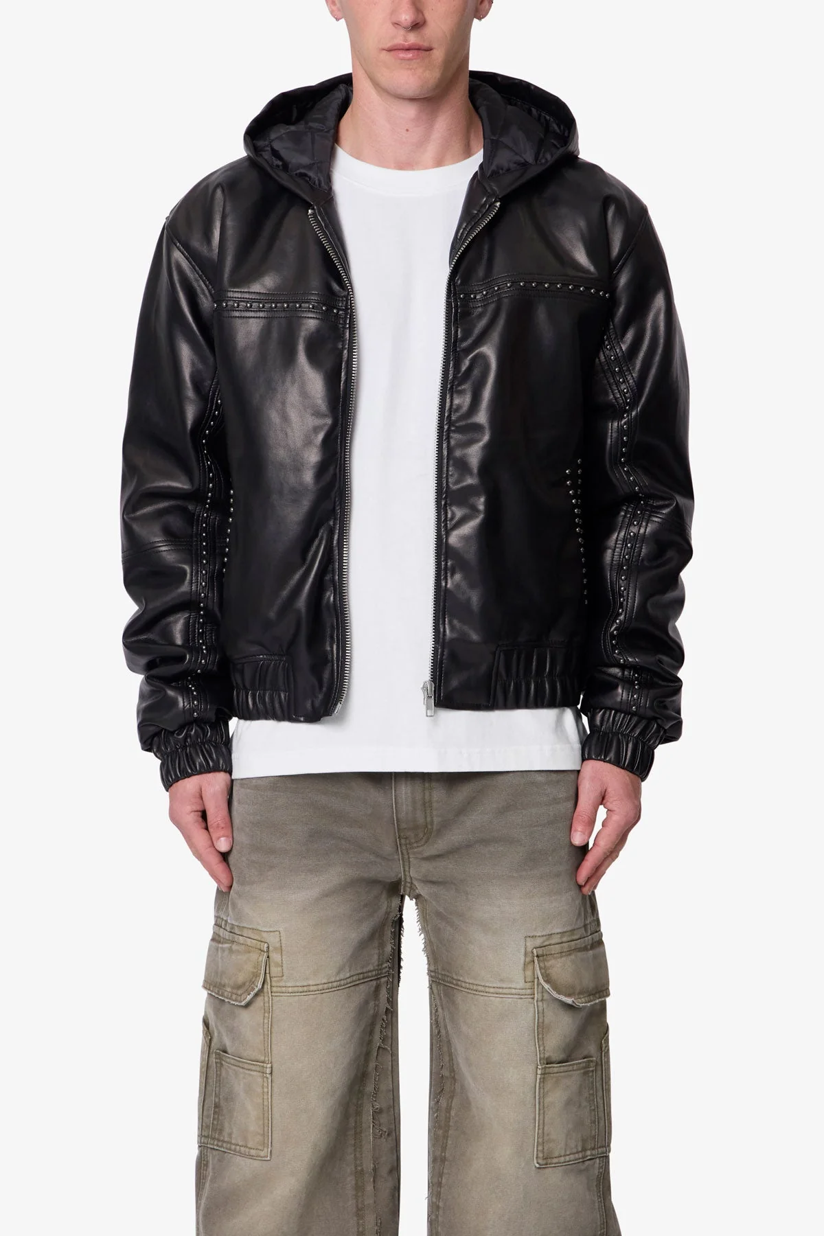 Leather Hooded Stud Jacket - Black