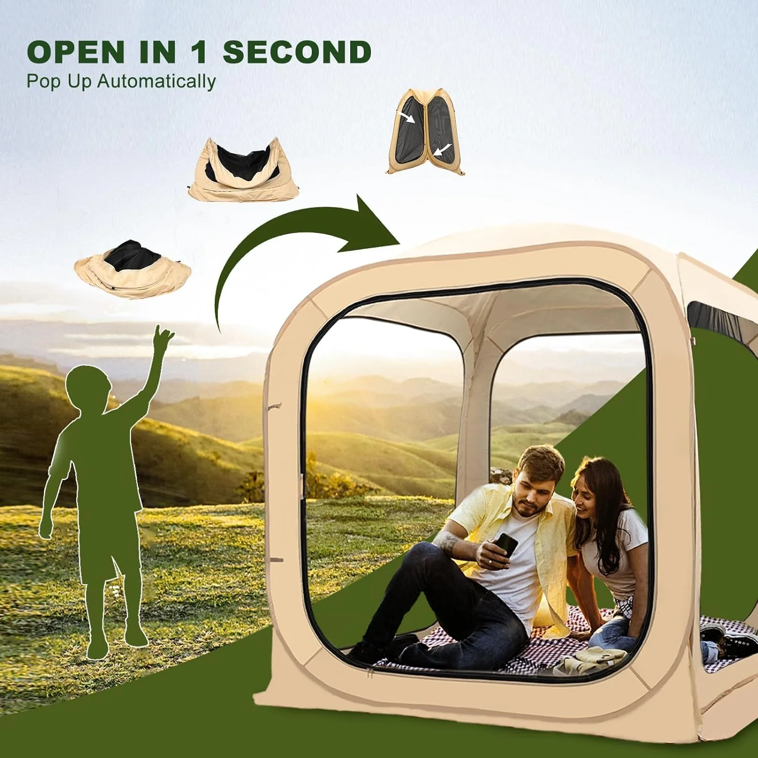 FICISOG Sports Tent Pop up Weather Pod Outdoor Screen House Pod Tent Shelter for up to 6 People, 71in Large Instant Weatherproof Pop up Tent with Clear View for Camping - Image 2