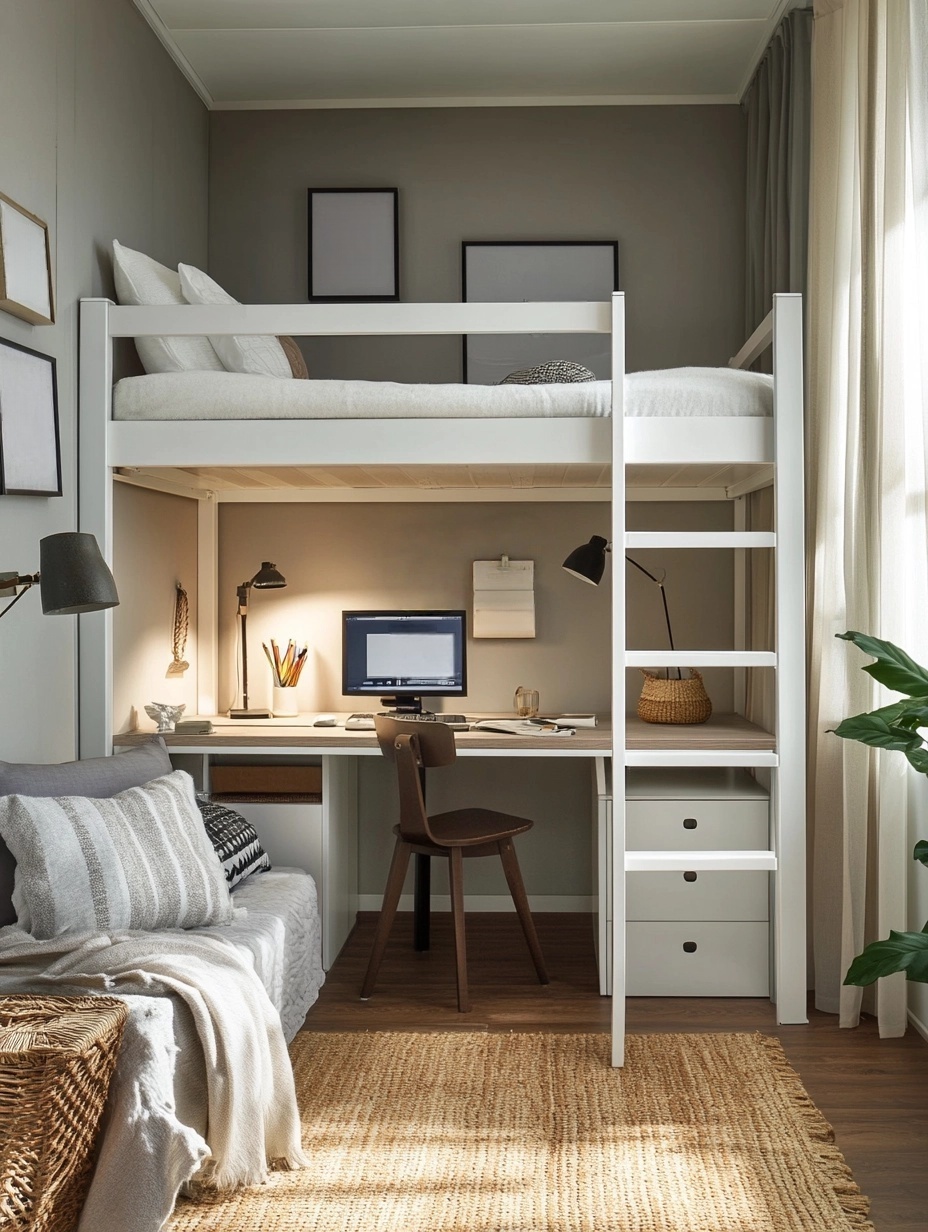 Cama alta niño con escritorio y cómoda,blanca,pino,dormitorio infantil,205x180x95 cm