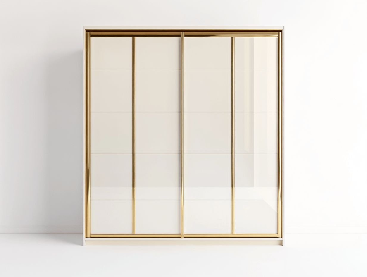 Armario blanco alto brillo con puertas correderas de vidrio y bordes dorados 180x65x220cm para dormitorio