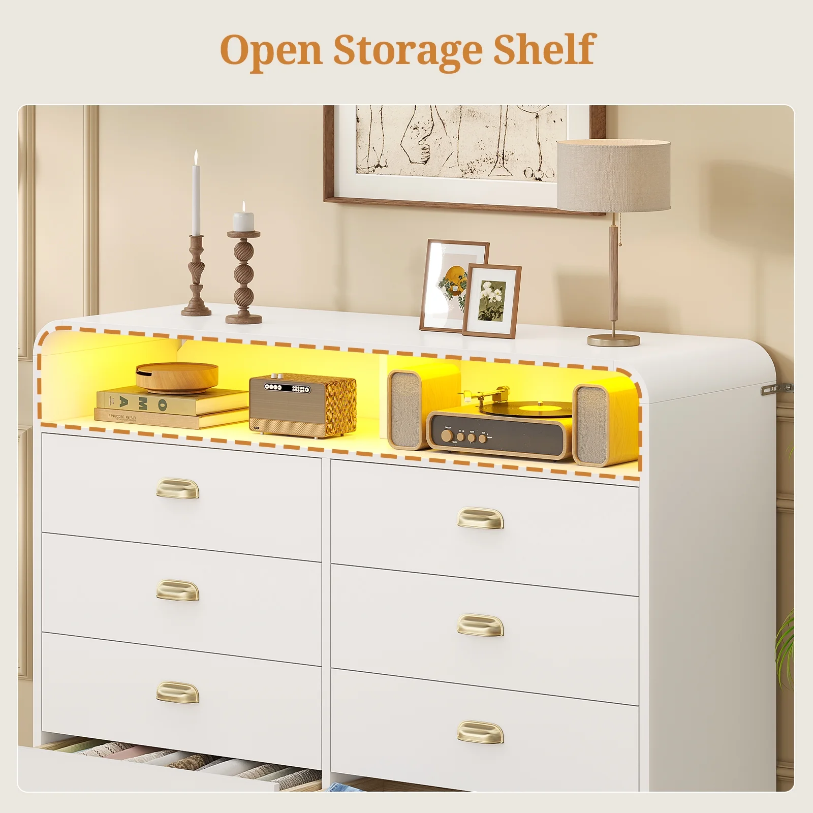 8 Drawers Dresser, Modern Chests Of Drawers with LED Lights, Curved Design for Living Room, Bedroom, White - Image 4