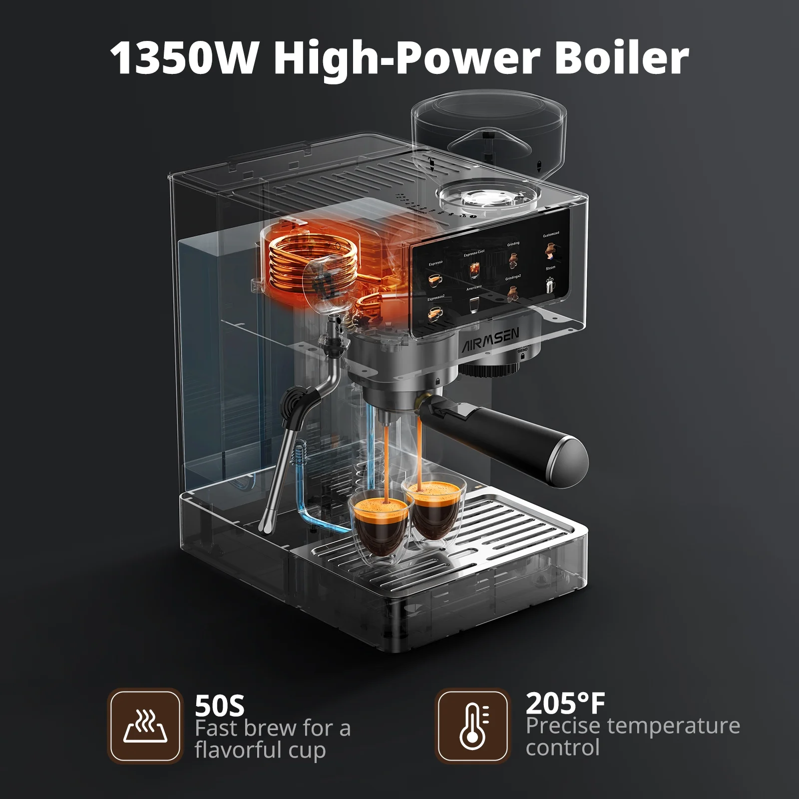 AIRMSEN Espresso Machine with Grinder, Espresso Coffee Machine with Customized Grind Amount & Coffee Volume, Cold Brew Coffee Maker for Cappuccino Latte Americano, Brushed Stainless Steel - Image 7