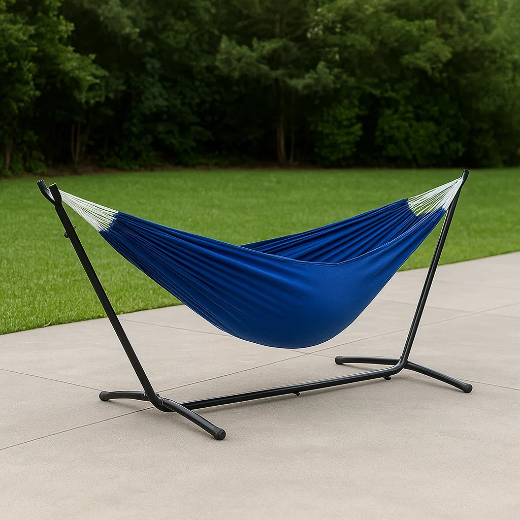 Hamaca de jardín,azul,algodón con estructura metálica,para exterior,300x109x99 cm
