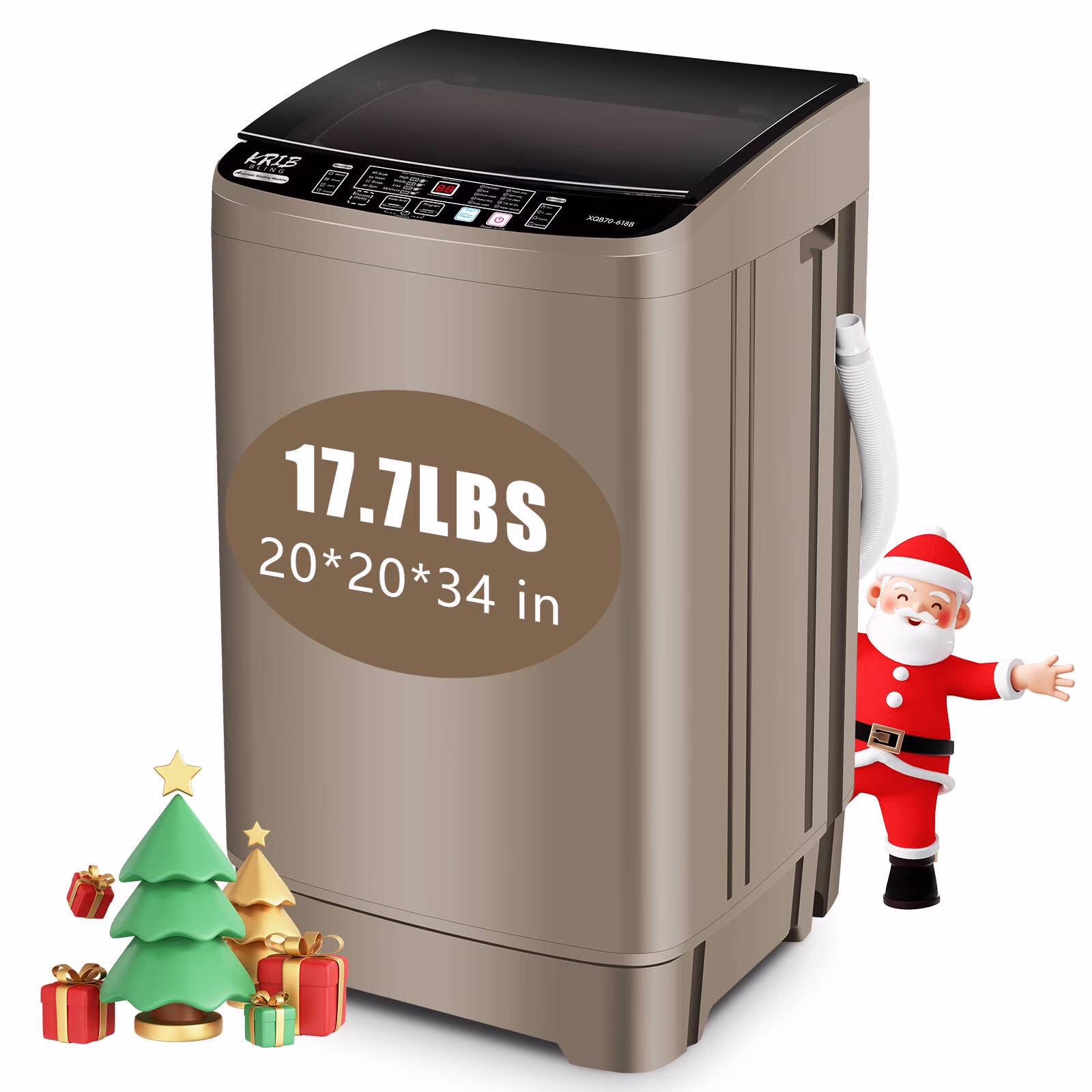 Krib B Full Automatic Washing Machine with Drain Pipe, 17.7 lbs Portable Washers with 10 Programs & 8 Water Levels, Suitable for Apartment, Dorm, Grey
