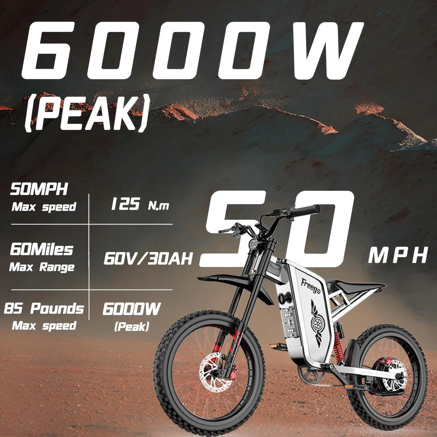 50MPH Electric Dirt Bicycle Freego X2 Pro,6000W(Peak)Motor Electric Motorcycle, Electric Bike for Adults, 60V30AH Battery, 19x2 Tire Full Suspension Hydraulic Brake Half Throttle UL2849 - Image 11
