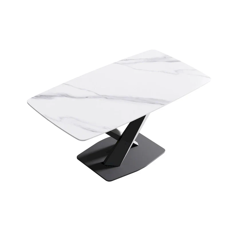 63-Inch Contemporary Dining Table with Slate Stone Surface and Metal Legs, Marble Finish