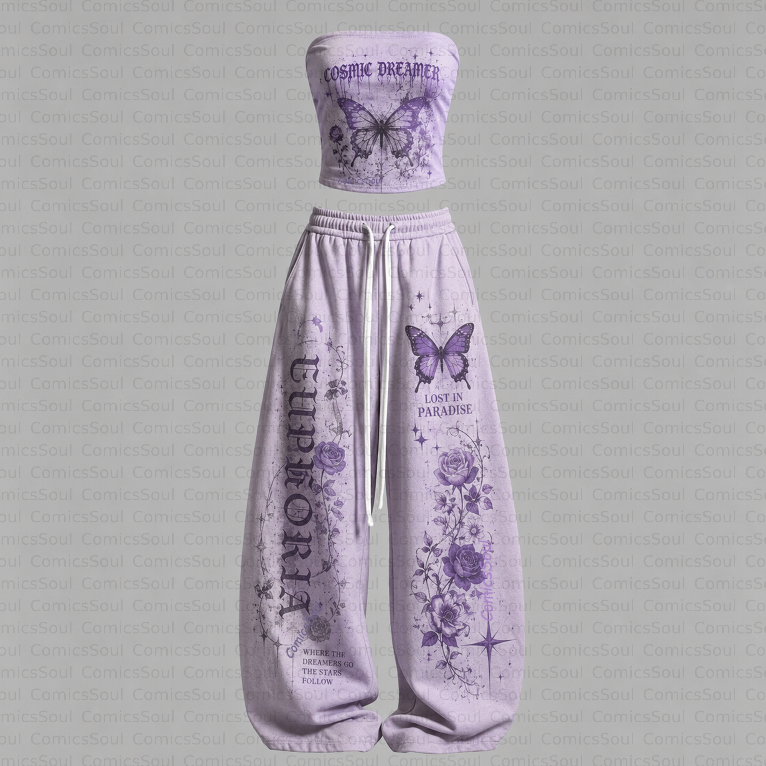 Women's Psychedelic Butterfly Strapless Top  & Elasticated Trousers Two-Piece Set