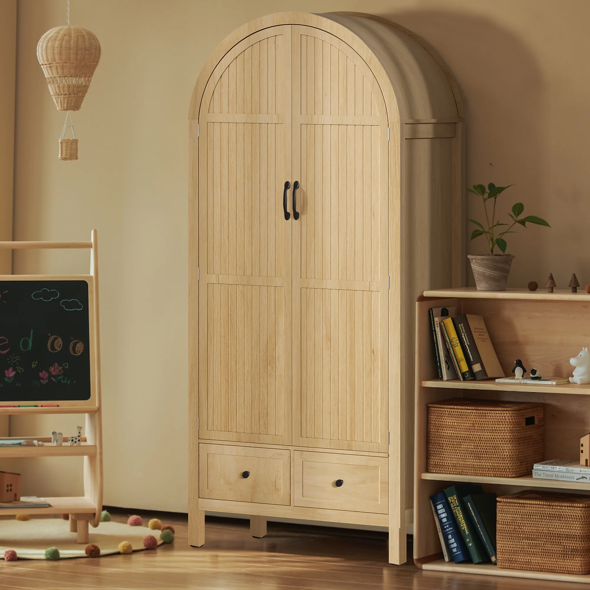 Oubayajia Arched Armoire Wardrobe Closet with Fluted Doors, Wooden Wardrobe Closet with Drawers, Shelves and Hanging Rod for Bedroom - Image 13