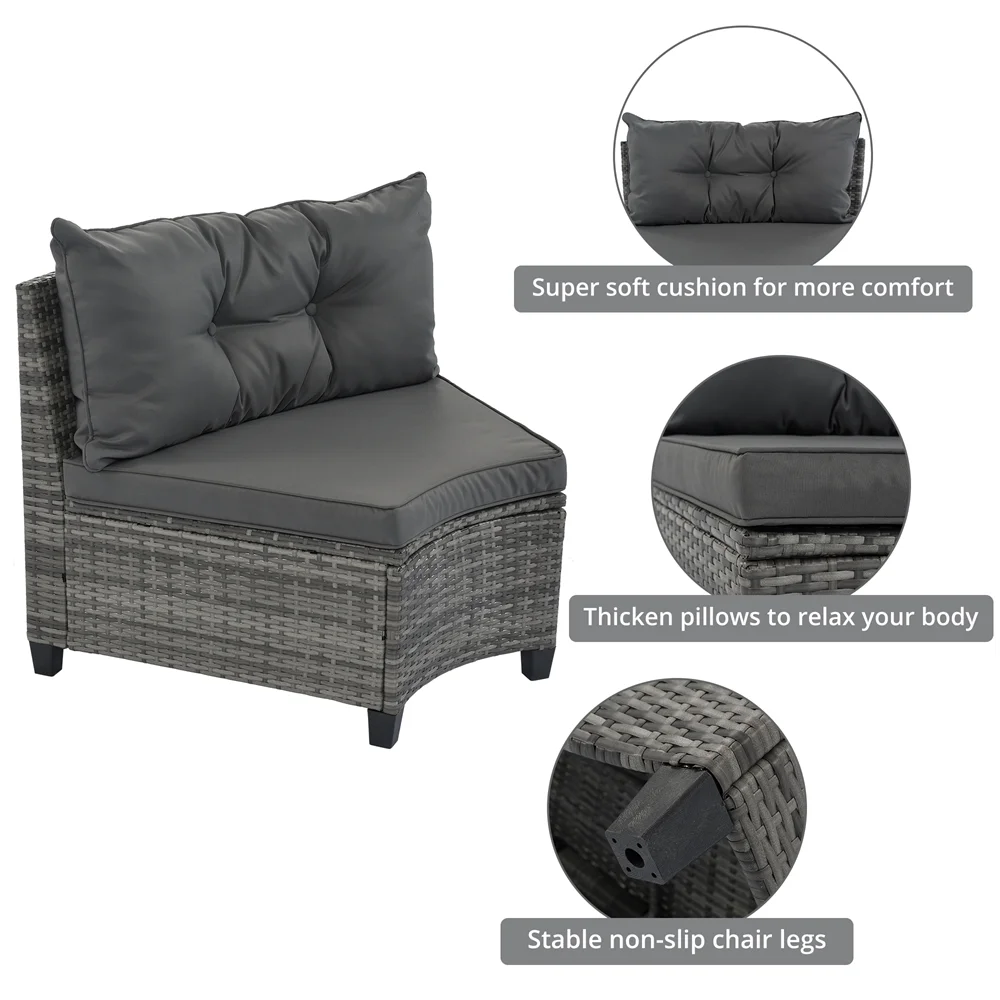 8 Pieces Outdoor Wicker Round Furniture Set, All Weather Half-Moon Sectional Patio Sofa Sets with Rectangular Coffee Table, Beige - Image 17