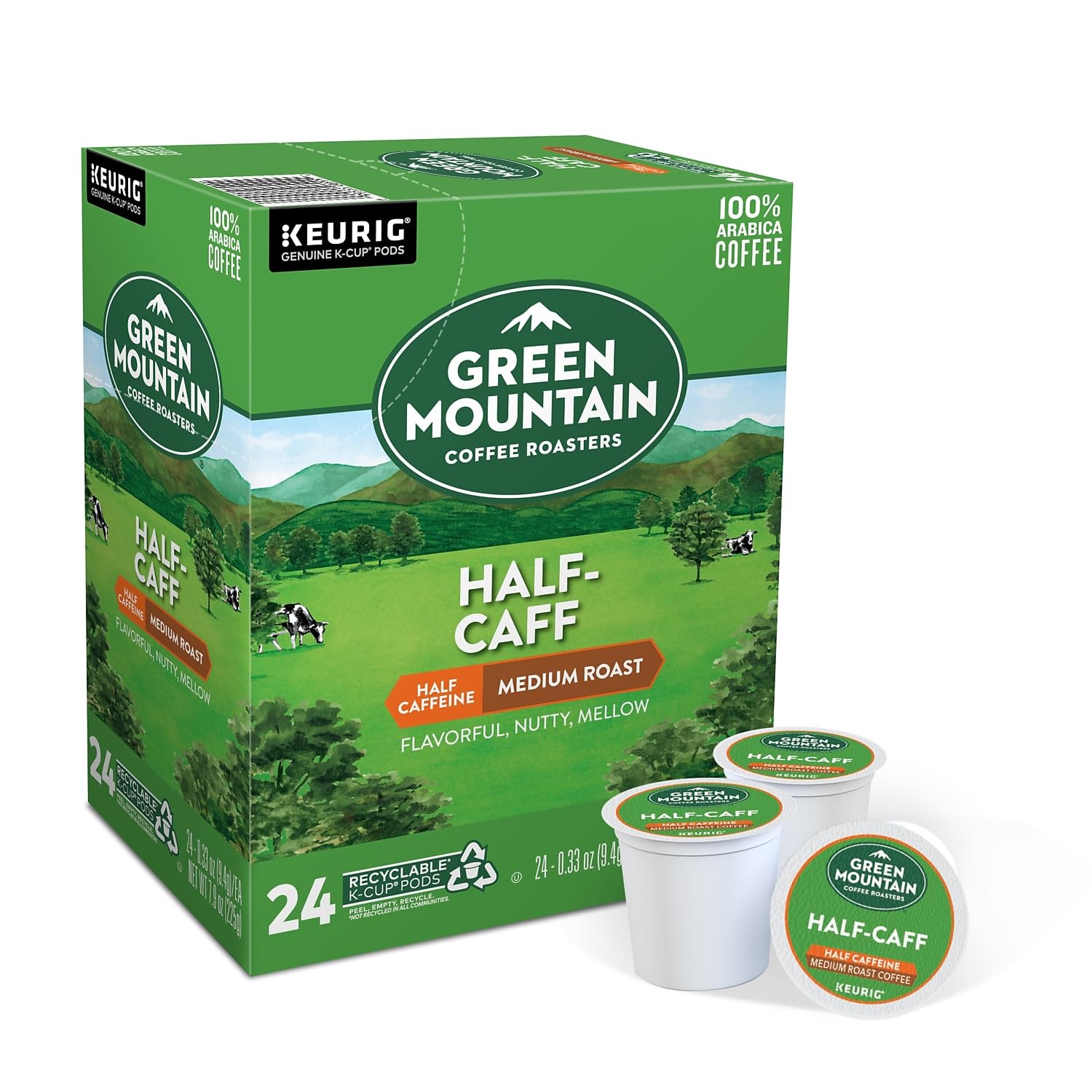Green Mountain Coffee Roasters Half Caff. Single-Serve Keurig K-Cup Pods. Medium Roast Coffee. 24 Count