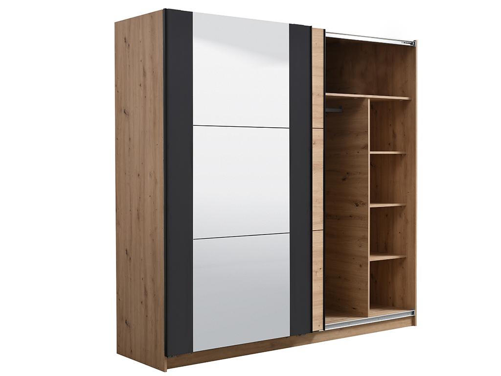 Armario 2 puertas correderas - Con espejo - 217 cm - Color: roble y negro