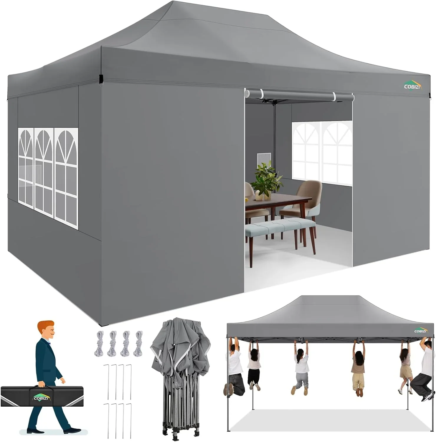 COBIZI 10x20 Heavy Duty Pop up Canopy Tent with 6 sidewalls Easy Up Commercial Outdoor Canopy Wedding Party Tents for Parties All Season Wind & Waterproof Gazebo with Roller Bag,Black(Frame Thickened)